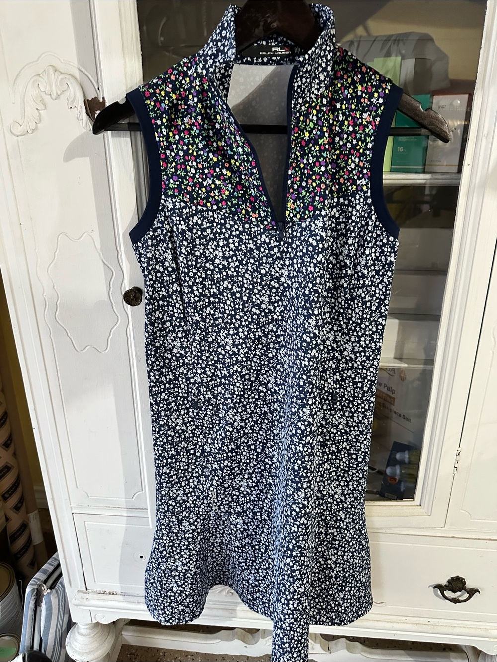 Ralph Lauren Navy Sleeveless Floral Mini Dress with Multicolor Yoke